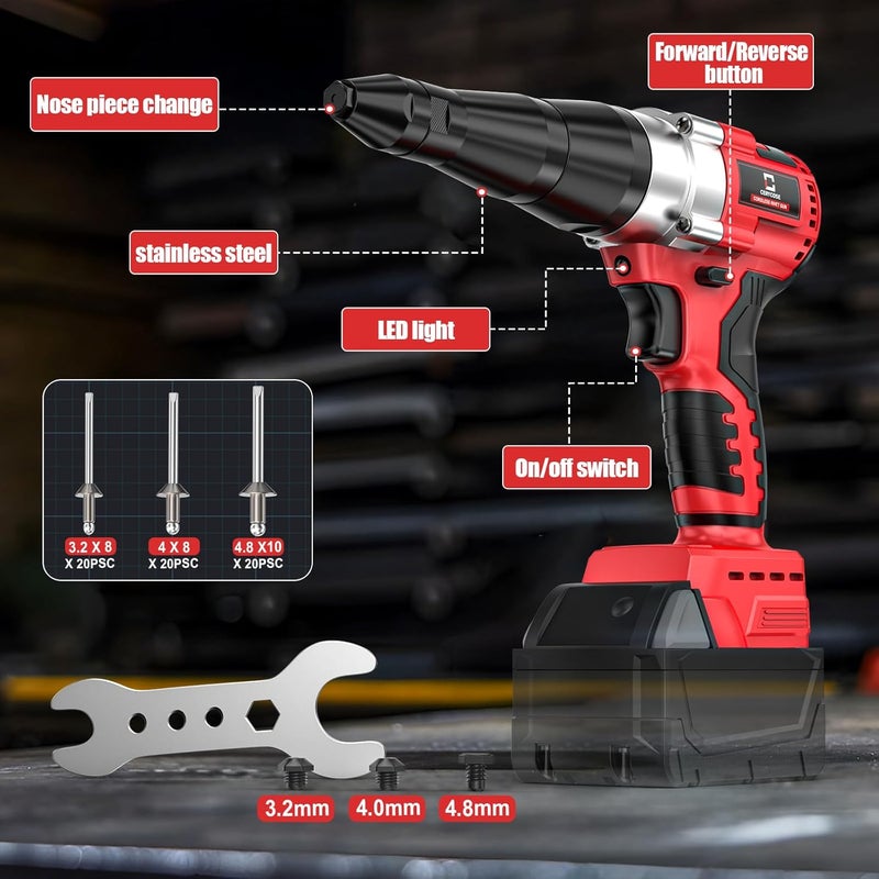 Cerycose Cordless Rivet Gun Kit Compatible with Milwaukee 18V Brushless Electric Riveters Gun Tool with 3-Size Steel Rivets(1/8"-5/32"-3/16") LED Light & Nose Piece (Bare Only) - Image 2